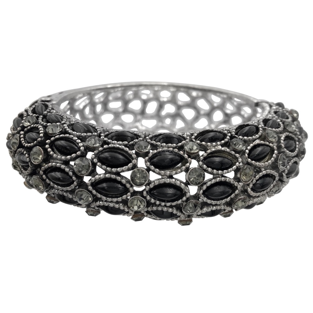 Black Grey Vintage Look Resin & Rhinestone Silver Hinged Bangle Bracelet